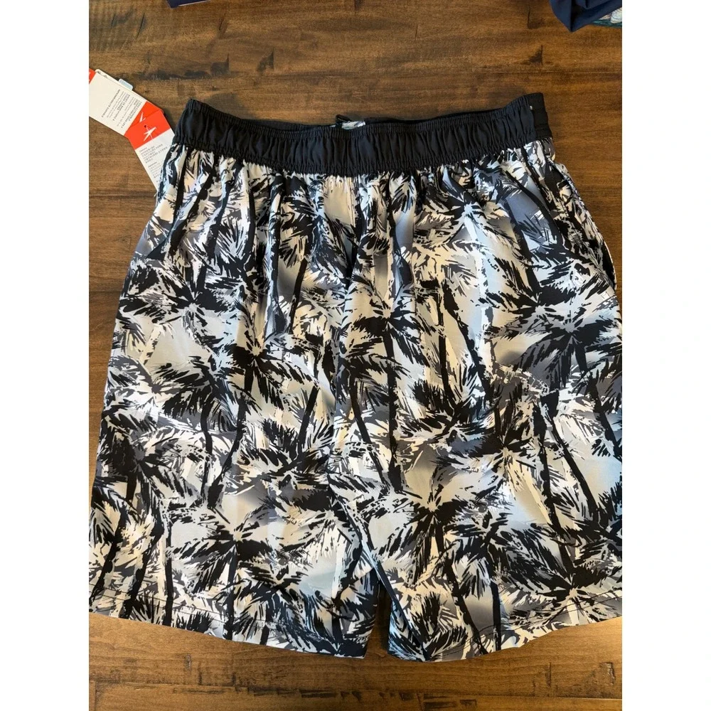 Speedo Mens Hydro Swim Trunks Black White Palm Tree Print 9 Inseam Size Med